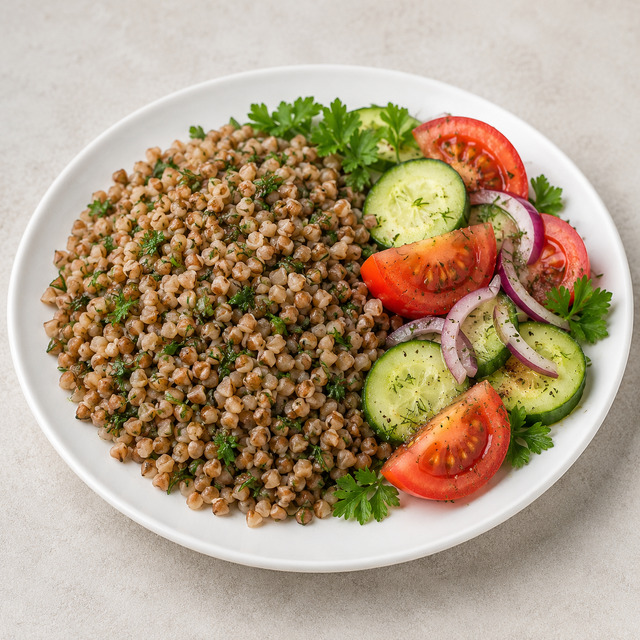 Buckwheat with cod and steamed vegetables