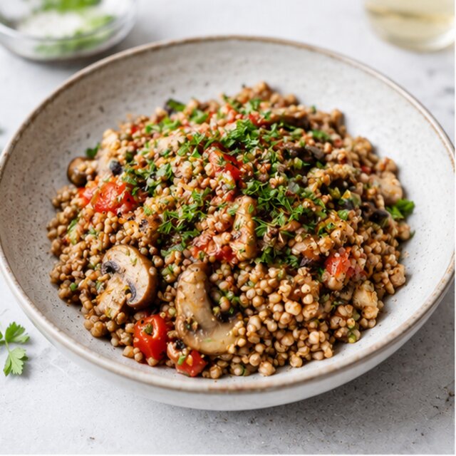 Buckwheat with turkey and braised vegetables