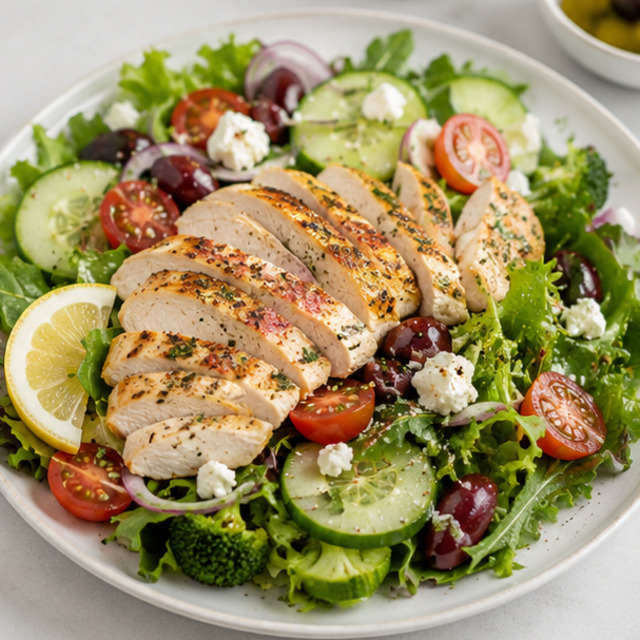 Chicken with quinoa, salad and dressing