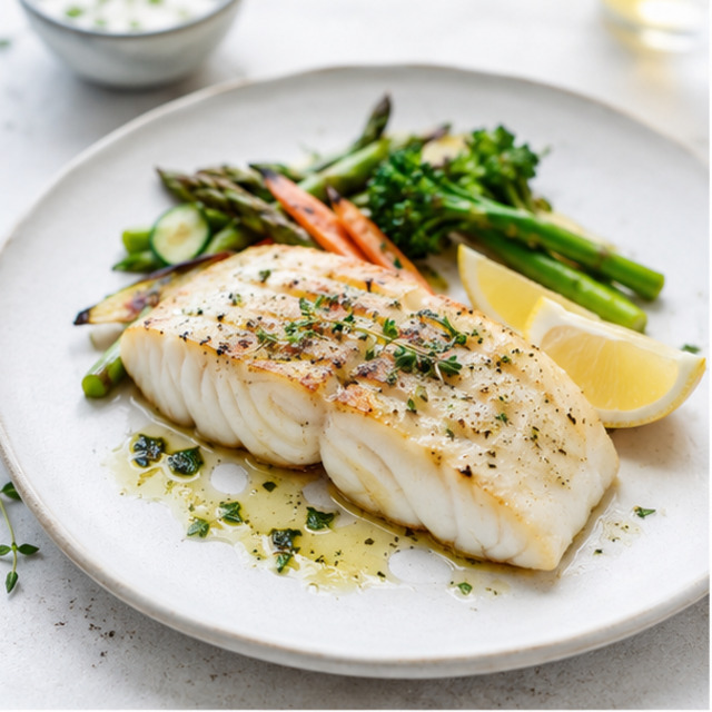 Cod with beans, herbs and salad