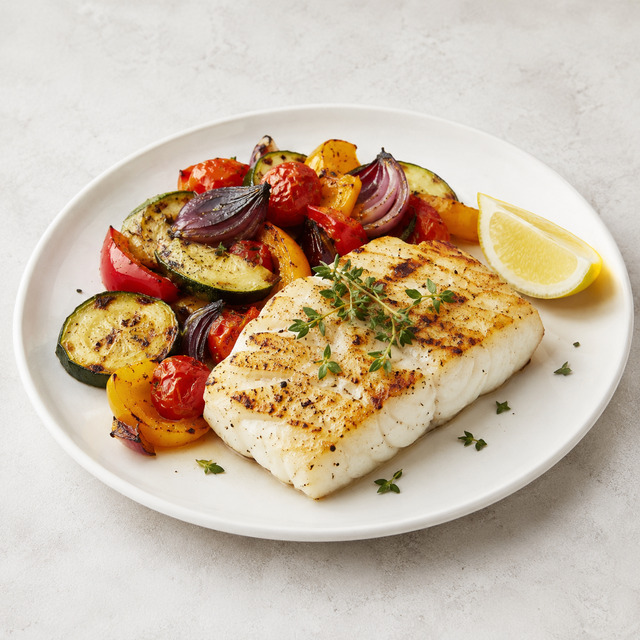 Cod with quinoa and roasted vegetables
