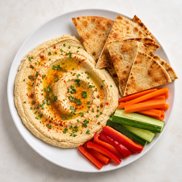 Cucumbers, hummus and crispbreads