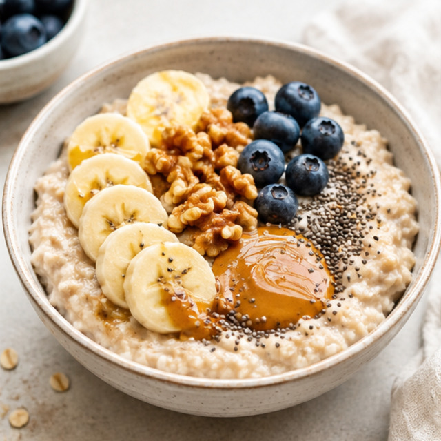 Oatmeal with blueberries, Greek yogurt and walnuts