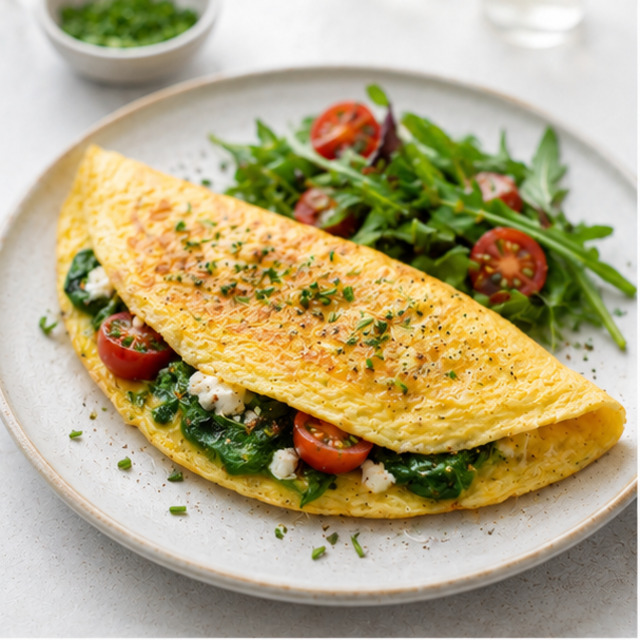 Omelet with spinach and tomatoes