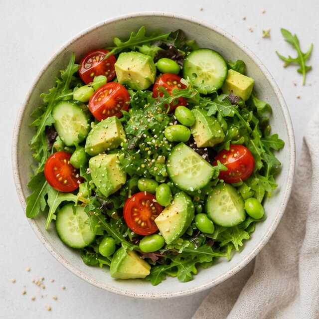 Salad with beans, tuna, avocado and herbs