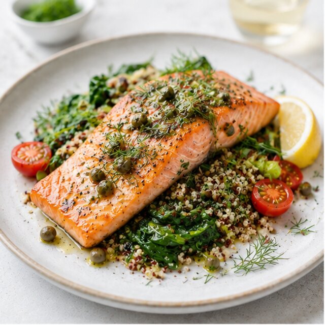 Salmon with bulgur and braised vegetables