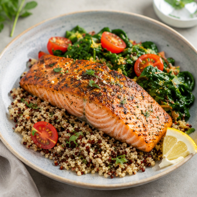 Salmon with lentils and steamed vegetables