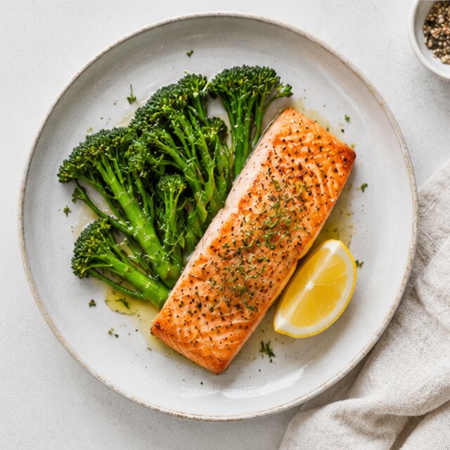 Trout with quinoa and steamed broccoli