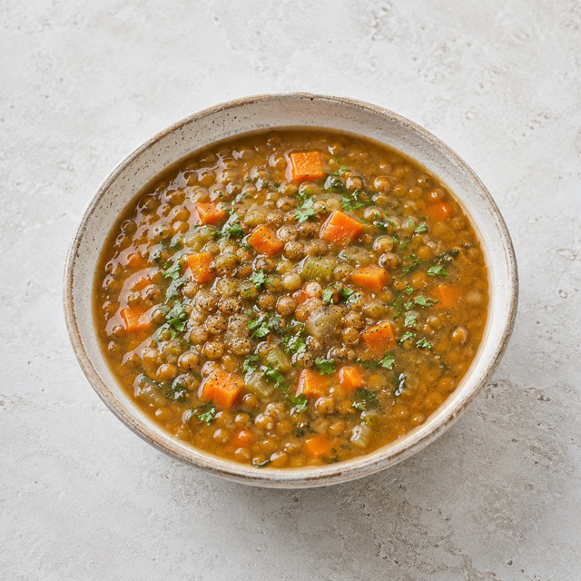 Lentil soup with herbs and whole grain bread