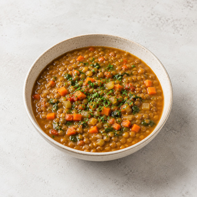Lentil soup, salad and a crispbread