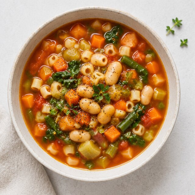 Vegetable soup and cod with potatoes